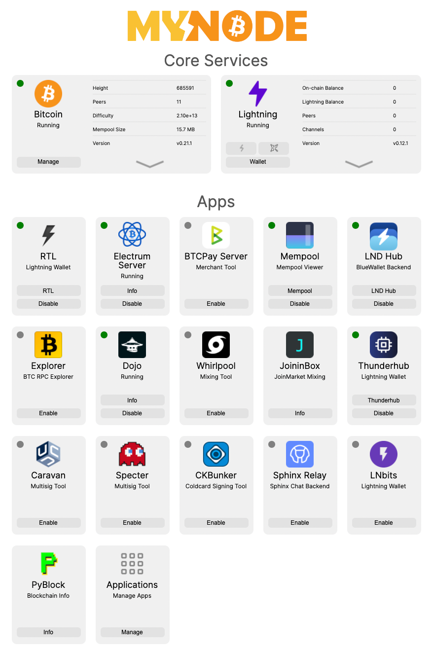 MyNode home screen