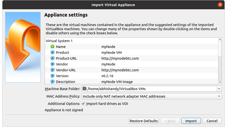 Virtual Box Manager: import window